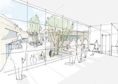 Innenraumperspektive mit bodentiefen Glasflächen, Blick auf Hof mit Bäumen und bewegte Silhouetten.