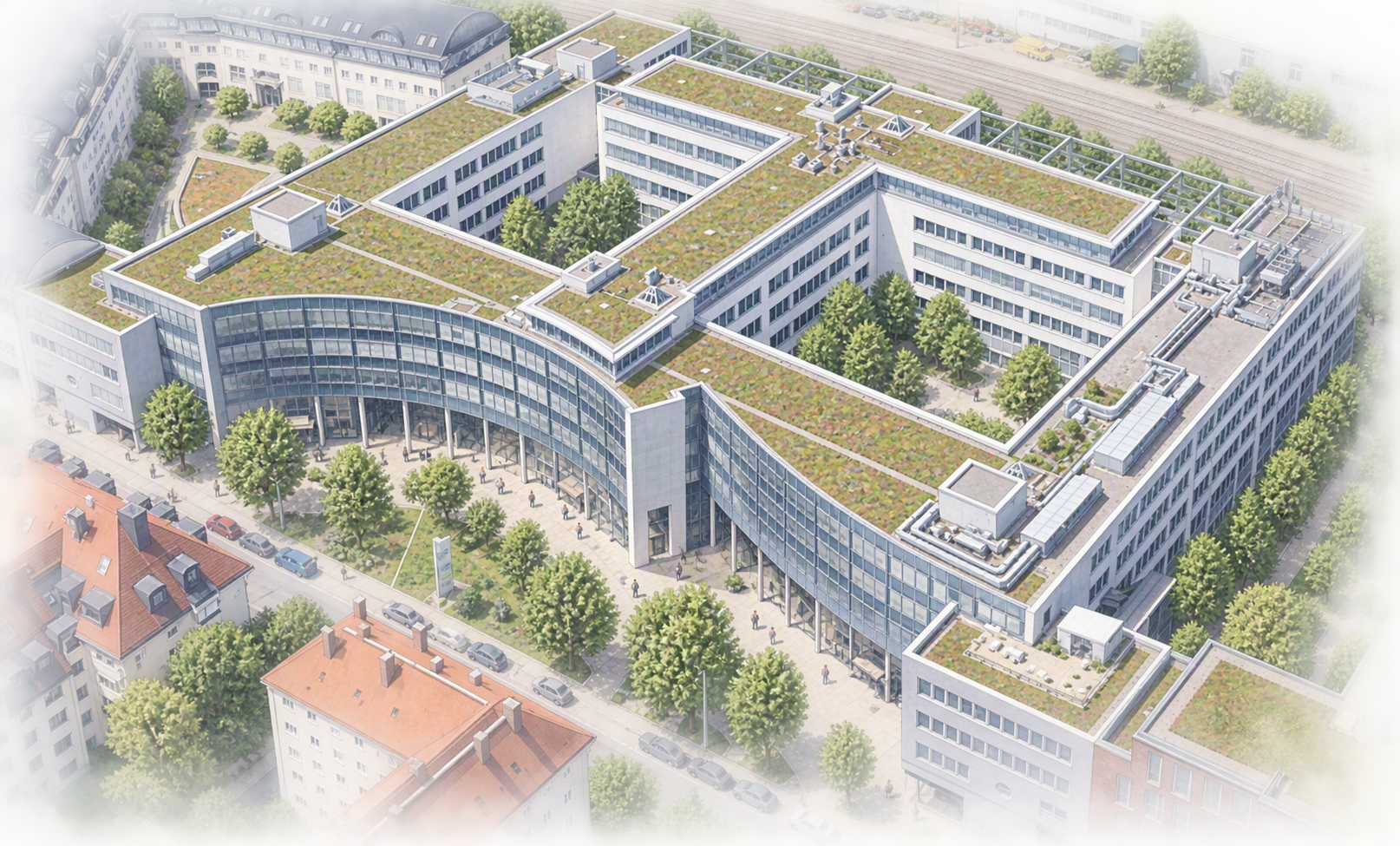 Senkrechte Luftaufnahme eines großflächigen, symmetrisch aufgebauten Büro- und Verwaltungsgebäudekomplexes in städtischer Umgebung. Das Gebäudeensemble verfügt über mehrere miteinander verbundene Baukörper mit begrünten Flachdächern und klar strukturierten Innenhöfen. Die Dachflächen zeigen technische Aufbauten sowie extensive Begrünung. Umgeben ist der Komplex von Baumreihen, Verkehrsflächen und angrenzender Bebauung. Die Aufnahme verdeutlicht die funktionale Architektur, die nachhaltige Dachgestaltung und die strukturierte Anordnung des gesamten Areals. Das Bild eignet sich besonders zur Darstellung von Verwaltungsstandorten, Unternehmenszentralen oder modernen Gewerbeimmobilien.