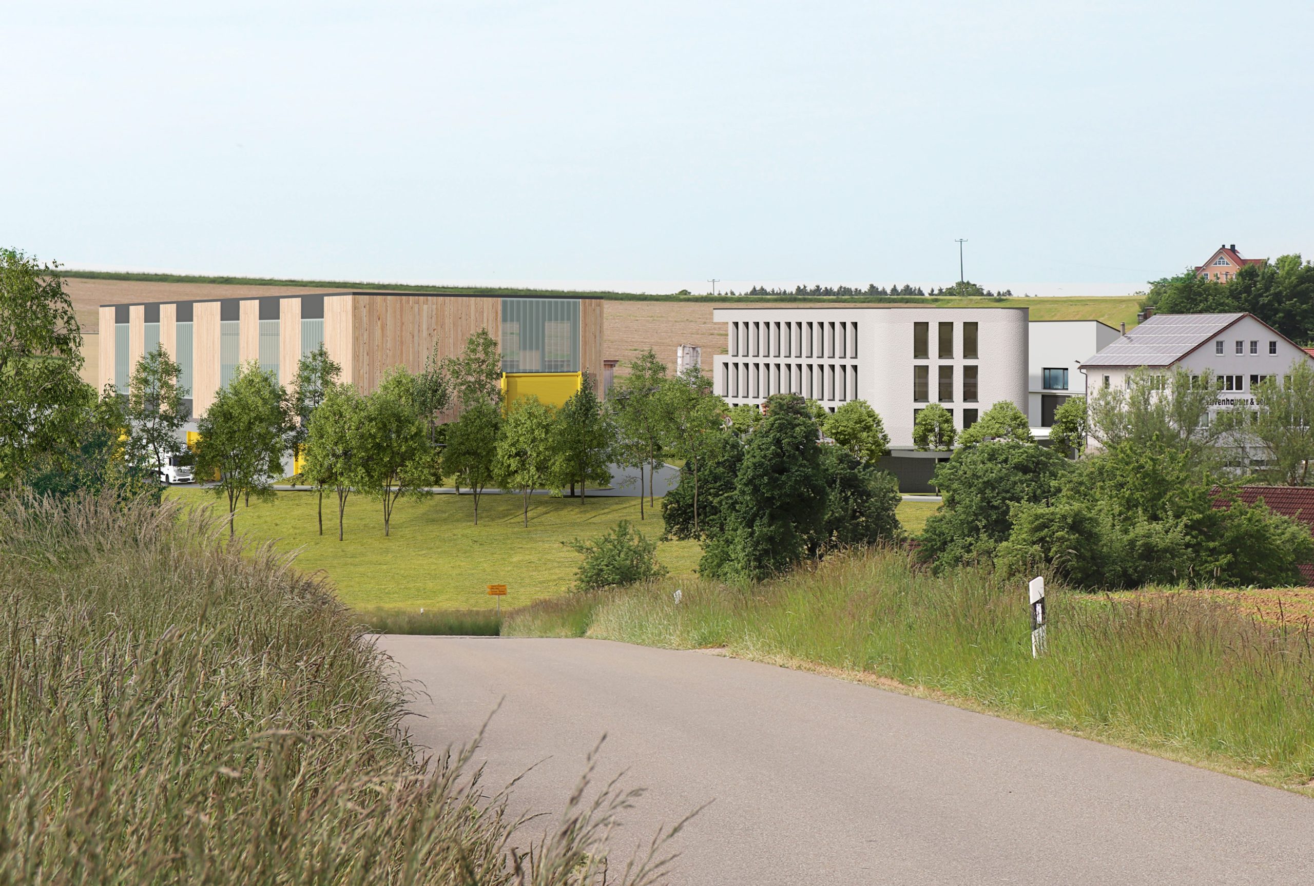 Perspektive des Schulhofs vor dem Erweiterungsbau der Fachakademie Aichach, Holzmodulbau mit großen Fensterfronten