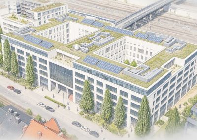 Großer moderner Bürokomplex mit Innenhof und Solaranlagen auf dem Dach in urbaner Lage