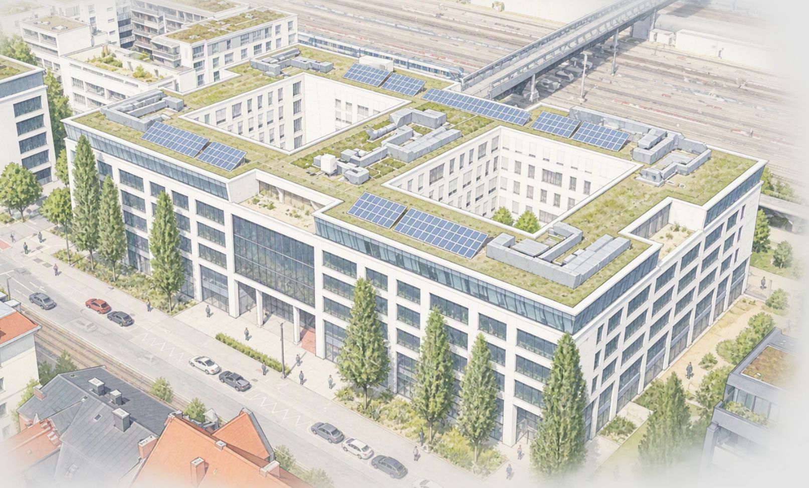 Großer moderner Bürokomplex mit Innenhof und Solaranlagen auf dem Dach in urbaner Lage