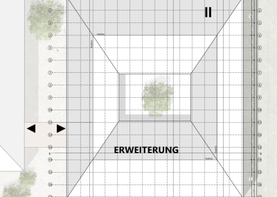 Dachaufsicht des Erweiterungsbaus der Fachakademie Aichach mit modularer Struktur und Innenhof