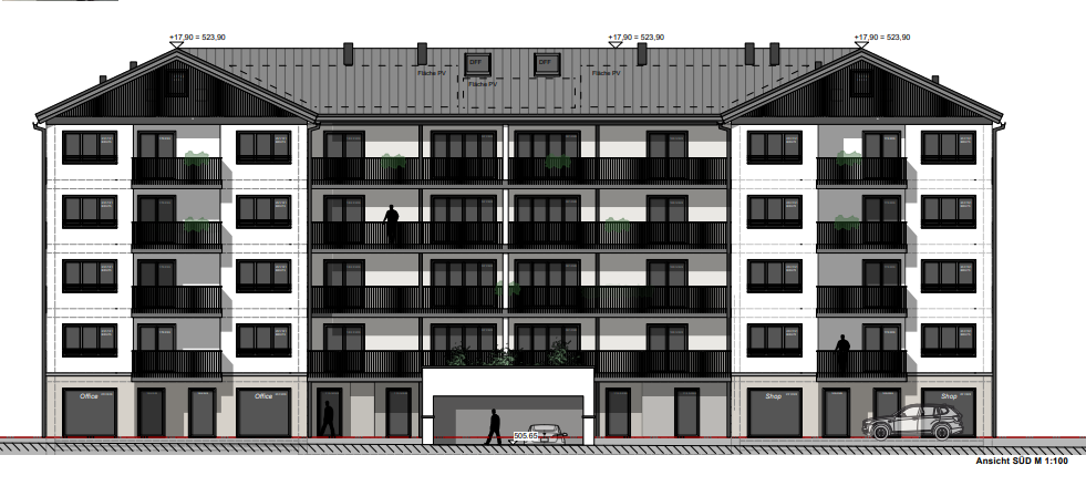 Architektonischer Gebäudegesamtplan mit Wohnungen, Grünflächen und Innenhof – detaillierte Grundrisszeichnung eines modernen Wohnbauprojekts.