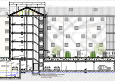 Architektonischer Gebäudeschnitt eines mehrgeschossigen Wohnkomplexes mit Tiefgarage, Außenanlagen und Fassadenansicht.