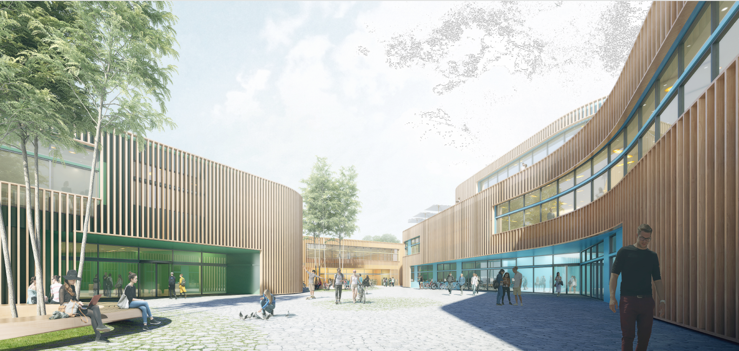Visualisierung eines holzverkleideten Bildungsquartiers mit geschwungenen Fassaden und offenem Hof mit Menschen.